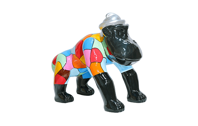 Sculpture en résine multicolore-gorille avec chapeau gris