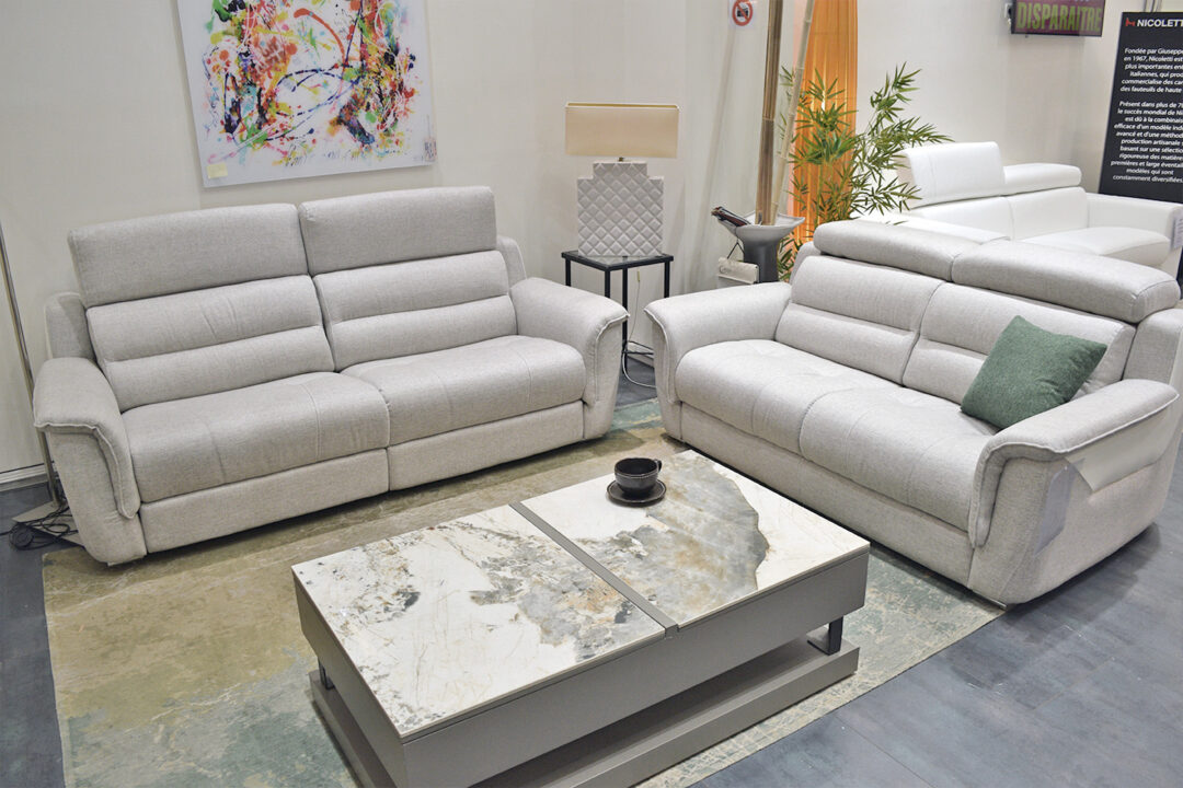 Valente - Canapé 3PL. tissu et cuir 2 Relax élec. + Canapé 2PL.
