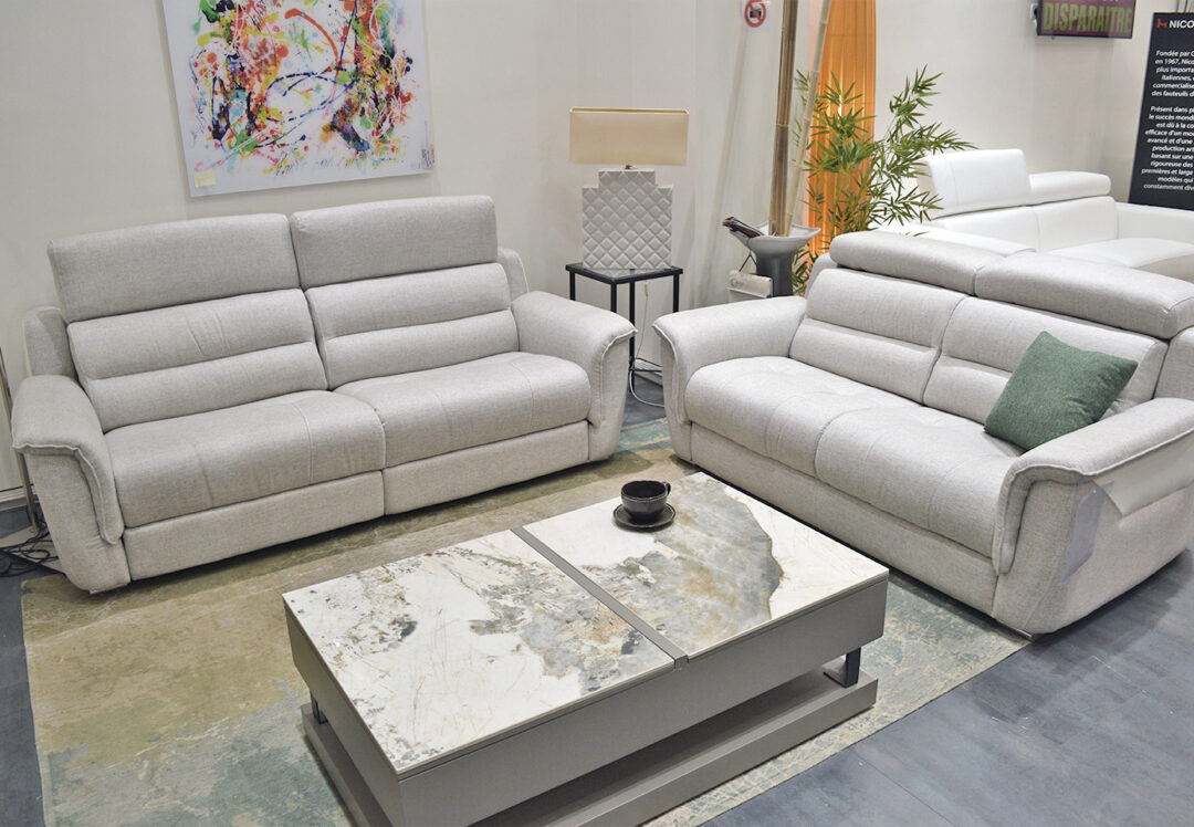 Valente - Canapé 3PL. tissu et cuir 2 Relax élec. + Canapé 2PL.